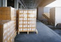 Packaging Boxes Stacked on Pallets Loading into Shipping Cargo Container. Delivery Trucks Parked Loading at Dock Warehouse. Royalty Free Stock Photo