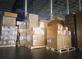 Packaging Boxes Stacked on Pallets in Storage Warehouse. Cartons Cardboard Boxes. Supply Chain. Storehouse Distribution. Logistics Royalty Free Stock Photo