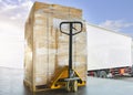 Packaging Boxes Wrapped Plastic Film on Pallets Loading into Shipping Cargo Container. Supply Chain. Trucks Parked Loading at Dock Royalty Free Stock Photo