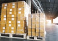 Packaging Boxes Wrapped Plastic Film on Pallets Rack in Storage Warehouse. Supply Chain. Storehouse Commerce Shipment. Logistics. Royalty Free Stock Photo