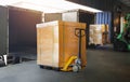 Packaging Boxes Wrapped Plastic on Pallets Loading into Cargo Container. Distribution Supplies Warehouse. Shipping Trucks. Supply