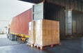 Packaging Boxes Wrapped Plastic Stacked on Pallets Loading into Cargo Container. Distribution Supplies Warehouse. Shipping Trucks.