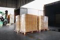 Packaging Boxes Wrapped Plastic Stacked on Pallets Loading into Cargo Container. Shipping Trucks. Supply Chain Shipment Boxes. Royalty Free Stock Photo