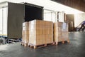 Packaging Boxes Wrapped Plastic Stacked on Pallets Loading into Cargo Container. Shipping Trucks. Supply Chain Shipment Boxes. Royalty Free Stock Photo