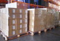 Packaging Boxes Wrapped Plastic Stacked on Pallets. Storage Warehouse. Cartons, Cardboard Boxes. Supply Chain. Storehouse