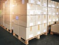 Packaging Boxes Wrapped Plastic Stacked on Pallets. Storage Warehouse. Cartons, Cardboard Boxes. Supply Chain. Storehouse Logistic Royalty Free Stock Photo