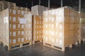 Packaging Boxes Wrapped Plastic Stacked on Pallets. Storage Warehouse. Cartons, Cardboard Boxes. Supply Chain. Storehouse Logistic