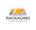 Packaging cardboard box or carton on conveyor, logo design. Logistics, shipping and fast delivery of goods, vector design Royalty Free Stock Photo