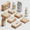 Packaging design featuring a minimalist layout with various cardboard boxes, bottles, Royalty Free Stock Photo