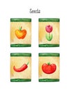 Packaging with different seeds. Apple, tomato, pink tulip and chilli pepper