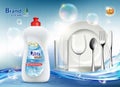 Packaging dishwashing liquid soap. Clean plate and cutlery Royalty Free Stock Photo