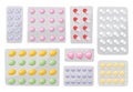Packaging for drugs ,painkillers, antibiotics, vitamins and aspirin tablets. Set of blisters icons with pills and Royalty Free Stock Photo