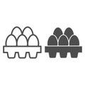 Packaging of fresh eggs line and solid icon. Five egg in carton package outline style pictogram on white background Royalty Free Stock Photo