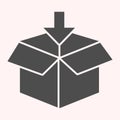 Packaging glyph icon. Opened parcel with arrow, loading, paper box. Postal service vector design concept, solid style