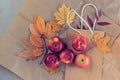 Packaging in kraft paper using autumn yellow leaves and apples. Autumn background. Flat lay. Copy space