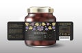 Fig confiture. Sweet food. Black label with Figs, gold leaves and small flowers.