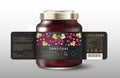 Raspberry confiture. Sweet food. Black label with red berries, gold leaves and small flowers. Mock up of Glass Jar with Label.