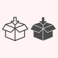 Packaging line and glyph icon. Opened parcel with arrow, loading, paper box. Postal service vector design concept