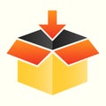 Packaging line icon. Opened parcel with arrow, loading, paper box. Postal service vector design concept, outline style