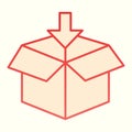 Packaging line icon. Opened parcel with arrow, loading, paper box. Postal service vector design concept, outline style