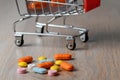 Packaging of medical tablets in the shopping cart. Purchase of medicinal tablets. Protection from virus infection