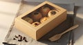 Packaging Mockup of Brown Bakery Box with Window and Various Small Pastries Royalty Free Stock Photo