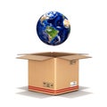 Packaging planet Earth in a cardboard box 3d illustration