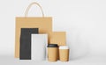 Packaging set paper shopping bag black pouch bags coffee cup mockup 3D rendering. Take away food delivery sale template