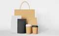 Packaging set paper shopping bag black pouch bags coffee cup mockup 3D rendering. Take away food delivery sale template