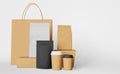 Packaging set paper shopping bag black pouch coffee cups box mockup 3D rendering. Take away food delivery sale template