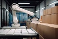 packaging and sorting robot, with hands on its sides, reaching for boxes Royalty Free Stock Photo