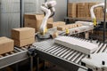 packaging and sorting robot, with packages, boxes and products moving past on conveyor belt