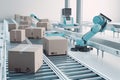 packaging and sorting robot, with packages, boxes and products moving past on conveyor belt