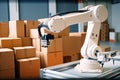 packaging and sorting robot working in busy warehouse, packaging goods for delivery