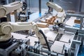 packaging and sorting robots, busy at work in factory, packaging products