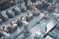 packaging and sorting robots working in futuristic warehouse, with other high-tech devices visible