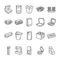 Packaging for takeaway food black line icons set. Royalty Free Stock Photo