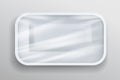 Packaging white foam tray wrapped in plastic realistic, template design on gray background