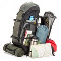 Packed Backpack with Camping Gear isolated on white background Royalty Free Stock Photo