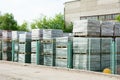 Packed cinder blocks outdoors in racks Royalty Free Stock Photo