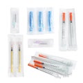 Packed disposable syringes with needles on white background, collage Royalty Free Stock Photo