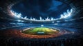 Packed with fervent fans, the stadium pulses with energy as athletes compete in a gripping sports event