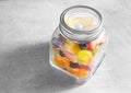 Packed fruit salad in glasses jar. Healthy meal to go