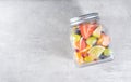Packed fruit salad in glasses jar. Healthy meal to go