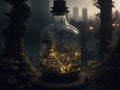 packed jar A small town rich in green forest, set on a wooden table, a big city backdrop full of pollution, the concept of Royalty Free Stock Photo