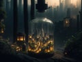 packed jar A small town rich in green forest, set on a wooden table, a big city backdrop full of pollution, the concept of Royalty Free Stock Photo