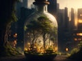 packed jar A small town rich in green forest, set on a wooden table, a big city backdrop full of pollution, the concept of Royalty Free Stock Photo