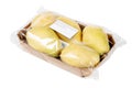 Packed and labeled yellow pear on isolated white background