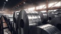 Packed rolls of steel sheet, Cold rolled steel coils. Generative Ai