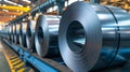 Packed rolls of steel sheet, Cold rolled steel coils in a warehouse Royalty Free Stock Photo